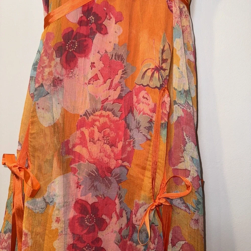 JOHNNY WAS 100% Silk Maxi Dress Sz S Orange Floral Tiered Lined Boho Ribbon Slip - Picture 16 of 16